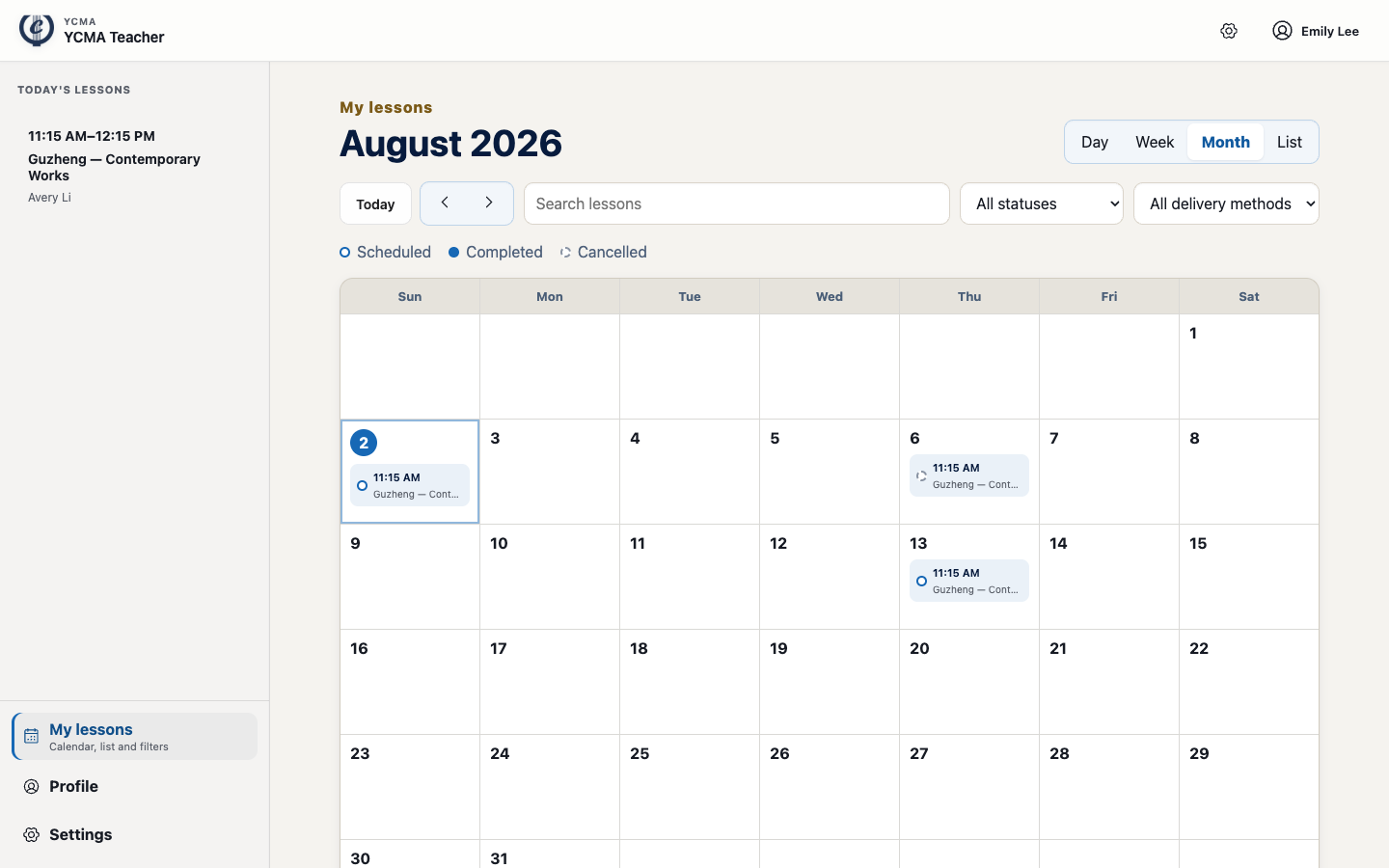 YCMA Teacher monthly calendar showing an instructor's assigned lessons